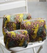 Set of three kantha print quilted pouch bags with leopard pattern, handcrafted Rajasthan, BUB208