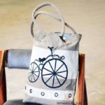 Striped canvas tote bag with vintage bicycle print, handcrafted Rajasthan, BU128