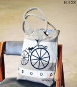 Striped canvas tote bag with vintage bicycle print, handcrafted Rajasthan, BU128
