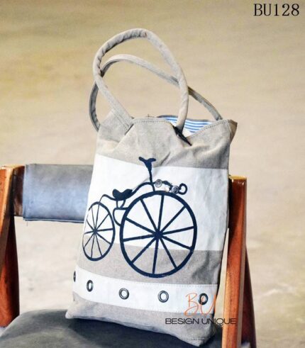 Striped canvas tote bag with vintage bicycle print, handcrafted Rajasthan, BU128