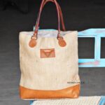 Tall natural jute tote bag with tan leather base and handles, handcrafted Rajasthan, BU162