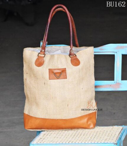 Tall natural jute tote bag with tan leather base and handles, handcrafted Rajasthan, BU162