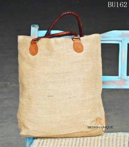 Tall natural jute tote bag with tan leather base and handles, handcrafted Rajasthan, BU162