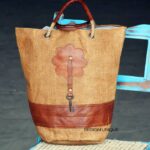 Tall natural jute tote bag with tan leather base and handles, handcrafted Rajasthan, BU162