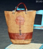 Tall natural jute tote bag with tan leather base and handles, handcrafted Rajasthan, BU162