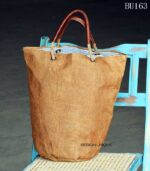 Tall natural jute tote bag with tan leather base and handles, handcrafted Rajasthan, BU162