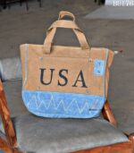 Tan canvas and denim tote bag with printed pocket panel, handcrafted Rajasthan, BU176