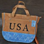 Tan canvas and denim tote bag with printed pocket panel, handcrafted Rajasthan, BU176