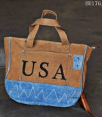 Tan canvas and denim tote bag with printed pocket panel, handcrafted Rajasthan, BU176