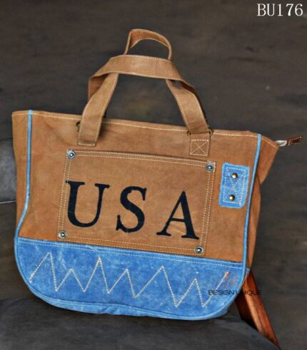 Tan canvas and denim tote bag with printed pocket panel, handcrafted Rajasthan, BU176