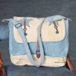 Two-tone blue-grey canvas messenger bag with star appliqué and key charms, handcrafted Rajasthan, BU171