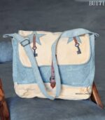 Two-tone blue-grey canvas messenger bag with star appliqué and key charms, handcrafted Rajasthan, BU171