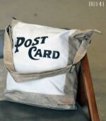 Two-tone canvas messenger bag with vintage Post Card print, handcrafted Rajasthan, BU14