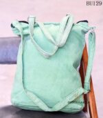 Two-tone sage green and white canvas tote bag with graphic print, handcrafted Rajasthan, BU130