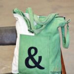 Two-tone sage green and white canvas tote bag with graphic print, handcrafted Rajasthan, BU130