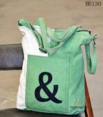 Two-tone sage green and white canvas tote bag with graphic print, handcrafted Rajasthan, BU130