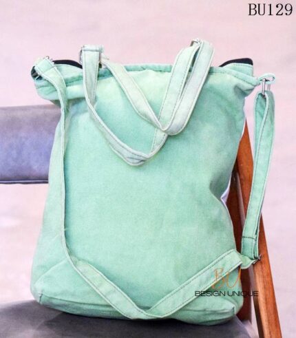 Two-tone sage green and white canvas tote bag with graphic print, handcrafted Rajasthan, BU130