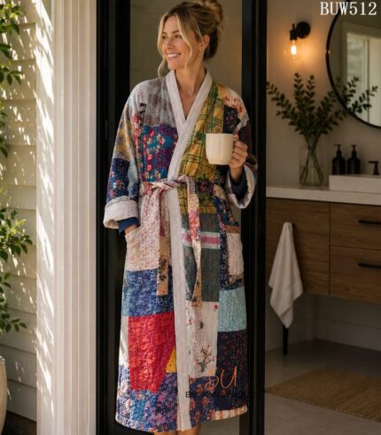 Woman wearing blue and cream patchwork kantha robe with ivory trim, Rajasthan-made vintage sari robe