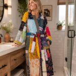 Woman wearing bold multicolor patchwork kantha robe with turquoise tie, Rajasthan-made vintage sari robe BUW510