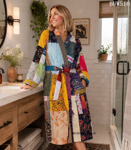 Woman wearing bold multicolor patchwork kantha robe with turquoise tie, Rajasthan-made vintage sari robe BUW510