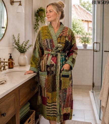 Woman wearing green and maroon patchwork kantha robe with sage green trim, Rajasthan-made vintage sari robe BUW509