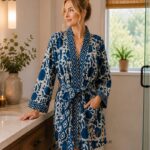 Woman wearing indigo and ivory geometric print short cotton kimono robe, Rajasthan-made loungewear BUW504