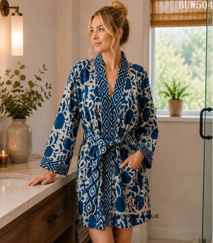 Woman wearing indigo and ivory geometric print short cotton kimono robe, Rajasthan-made loungewear BUW504