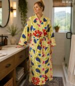 Woman wearing ivory paisley and floral print cotton kimono robe, vintage-style handmade design from Rajasthan BUW507