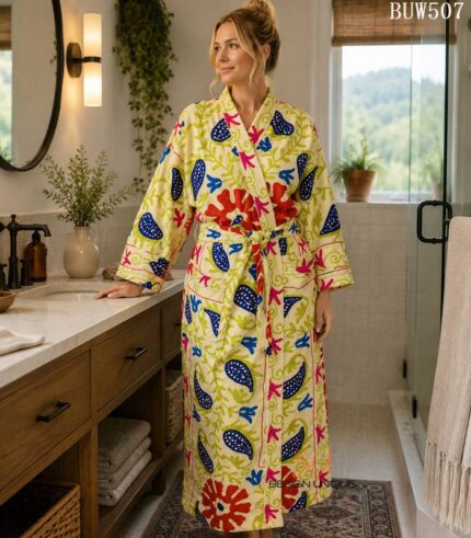 Woman wearing ivory paisley and floral print cotton kimono robe, vintage-style handmade design from Rajasthan BUW507