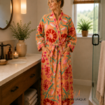 Woman wearing long coral suzani floral print cotton kimono robe with contrast piping, Rajasthan-made BUW503
