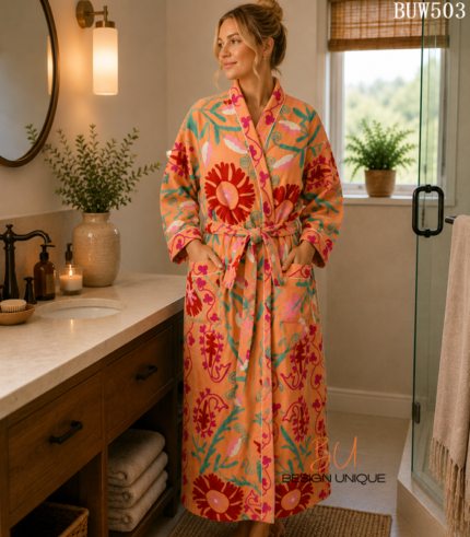 Woman wearing long coral suzani floral print cotton kimono robe with contrast piping, Rajasthan-made BUW503