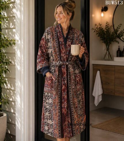 Woman wearing navy and rust striped tapestry print cotton robe with navy trim, handcrafted in Rajasthan BUW513