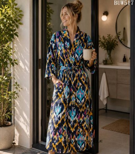 Woman wearing navy ikat print cotton kimono robe with mustard, teal, and pink diamond pattern, Rajasthan-made BUW517