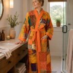 Woman wearing orange and gold patchwork kantha robe made from vintage sari fabric, Rajasthan-made loungewear BUW505