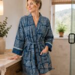 Woman wearing striped indigo and ivory kantha kimono robe with hand-stitching, Rajasthan-made loungewear BUW506