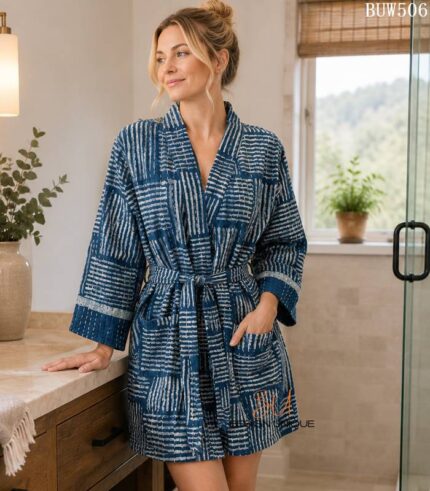 Woman wearing striped indigo and ivory kantha kimono robe with hand-stitching, Rajasthan-made loungewear BUW506