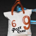 canvas tote bag with leather numeral appliqué and Post Card print, handcrafted Rajasthan, BU155
