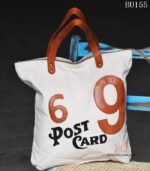 canvas tote bag with leather numeral appliqué and Post Card print, handcrafted Rajasthan, BU155