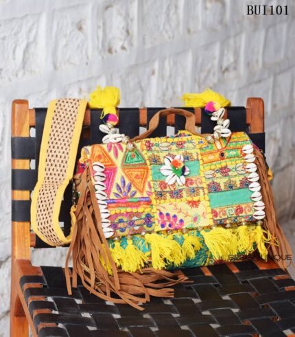 Banjara embroidered sling bag with cowrie shells and tassels, handcrafted Rajasthan, BUI101