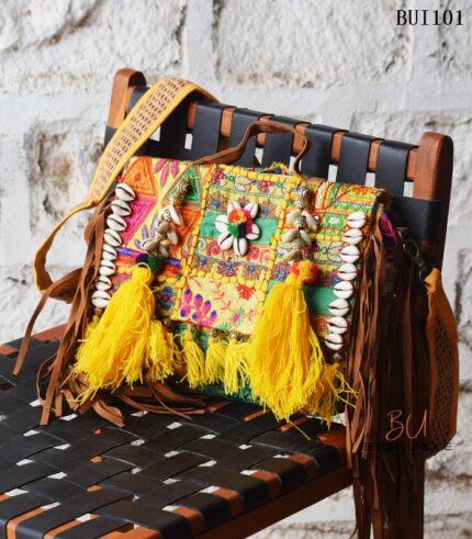 Banjara embroidered sling bag with cowrie shells and tassels, handcrafted Rajasthan, BUI101