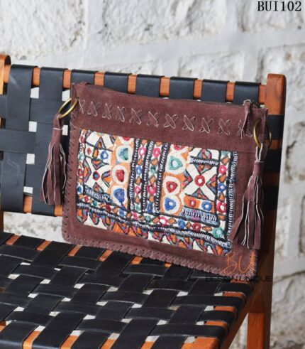 Banjara embroidered suede clutch bag with leather tassels, handcrafted Rajasthan, BUI102