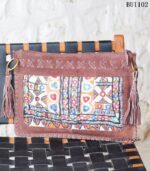 Banjara embroidered suede clutch bag with leather tassels, handcrafted Rajasthan, BUI102