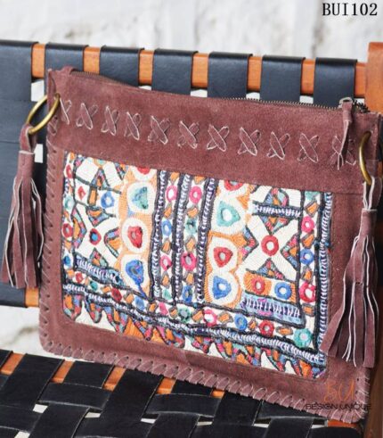 Banjara embroidered suede clutch bag with leather tassels, handcrafted Rajasthan, BUI102