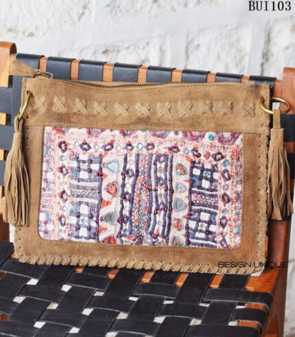 Banjara embroidered buffalo leather clutch bag, handcrafted Rajasthan, BUI103