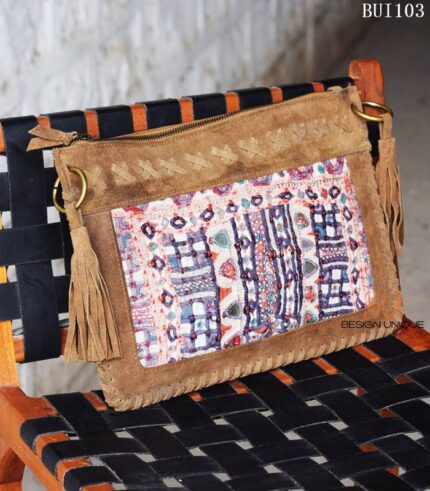 Banjara embroidered buffalo leather clutch bag, handcrafted Rajasthan, BUI103