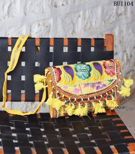Yellow Banjara embroidered sling bag with beaded tassels, handcrafted Rajasthan, BUI104