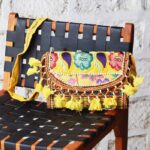 Yellow Banjara embroidered sling bag with beaded tassels, handcrafted Rajasthan, BUI104
