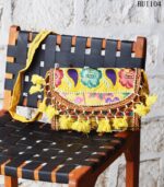 Yellow Banjara embroidered sling bag with beaded tassels, handcrafted Rajasthan, BUI104