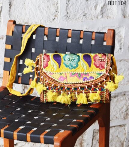 Yellow Banjara embroidered sling bag with beaded tassels, handcrafted Rajasthan, BUI104