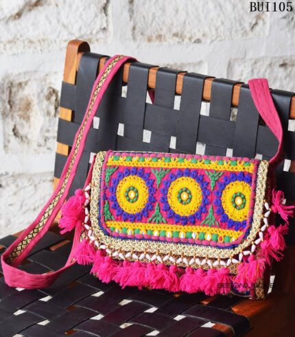 Pink Banjara embroidered sling clutch bag with beaded tassels, handcrafted Rajasthan, BUI105